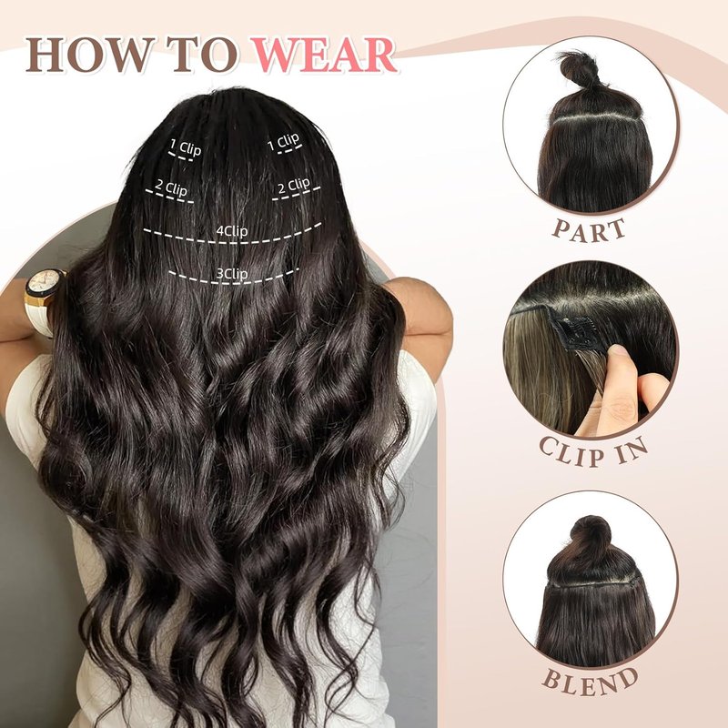 Clip-In Hair Extensions - 6 PCS Natural Soft Dark Brown Wavy Hairpieces | 20 Inch Length