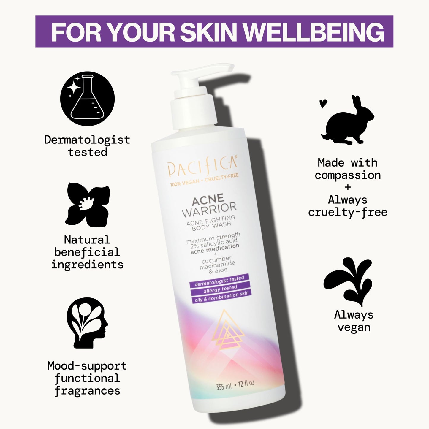 Pacifica Beauty Acne Warrior Acne Fighting Body Wash with Pump, Bath and Shower Gel, 2% Salicylic Acid, Cucumber, Niacinamide, Aloe, Acne Treatment, Blemishes, Vegan, 12 fl oz (1 Count)