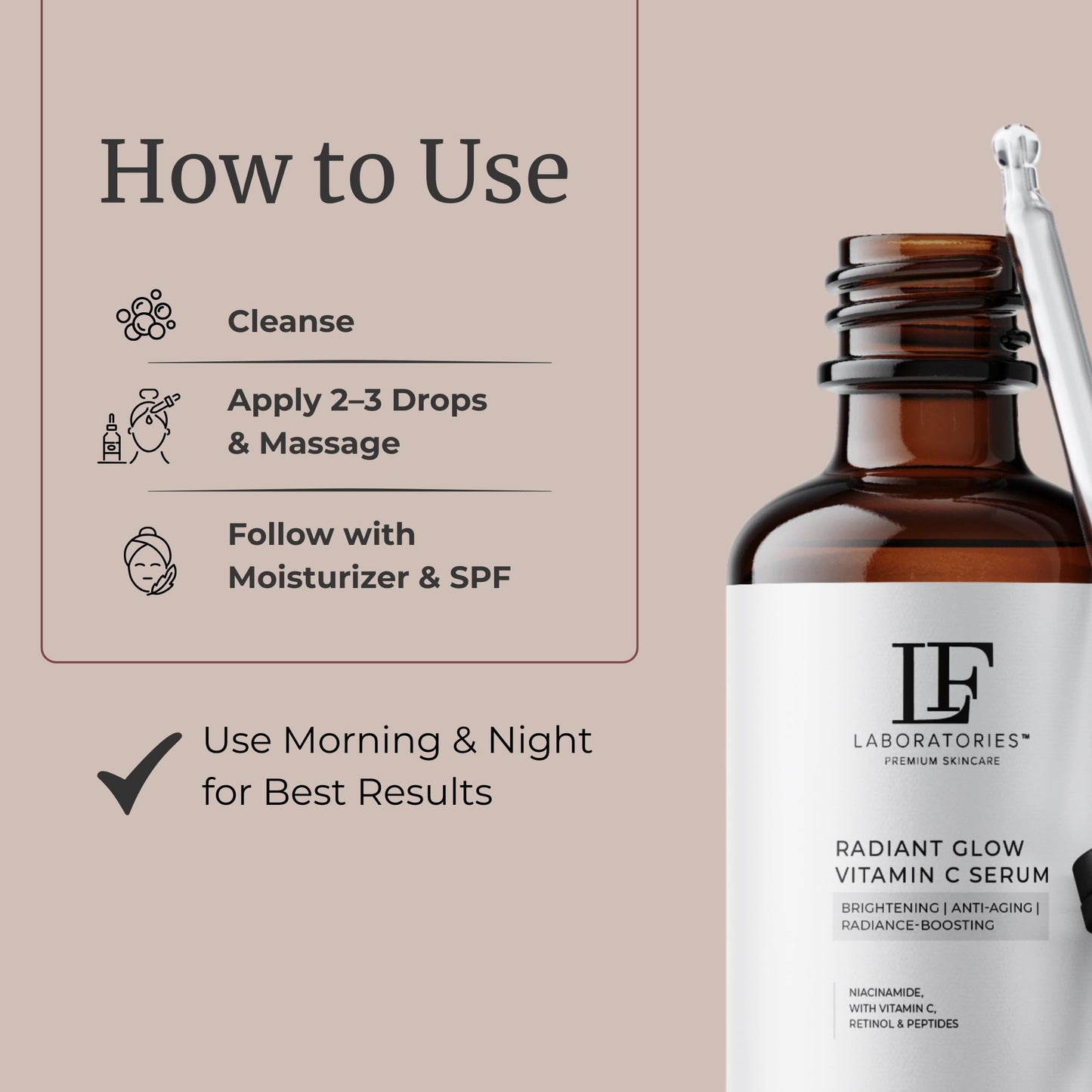 LF Laboratories Radiant Glow Vitamin C Serum with Retinol, Peptides, Niacinamide & Hyaluronic Acid – Brightening & Anti-Aging Face Serum for Dark Spots & Fine Lines – 1 fl oz / 30 ml