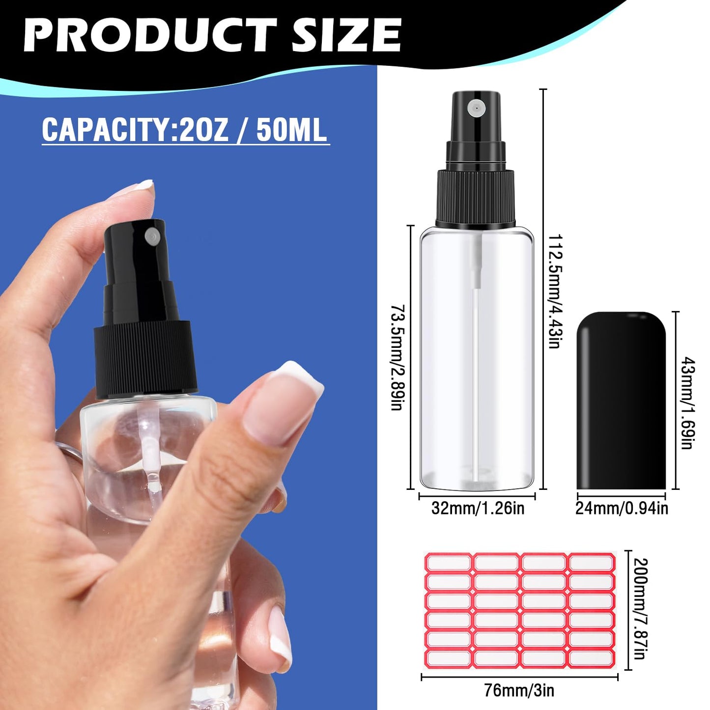 DupakSYS 100 Pack 2oz/55ml Plastic Small Spray Bottles Mini Travel Spray Bottle with Black Cap Empty Fine Mist Spray Bottles Refillable Liquid Container for Perfumes Travel Makeup