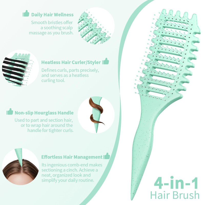 Curly Hair Brush for Women & Men, 4-in-1 Curl Defining & Detangling Brush – Anti-Frizz Anti-Static Styling Brushes with Crescent Shape & Ultra-Smooth Bristles, Wet Dry Hairbrush (Green)
