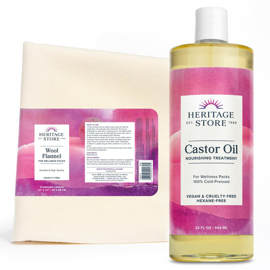 HERITAGE STORE Castor Oil Pack - Soothing Heat Compress for Abdomen, Joints, Overall Health, 32oz Cold-Pressed, Vegan Castor Oil, Reusable 12x27 in. Wool Flannel Cloth, 60-Day Guarantee, Cruelty Free