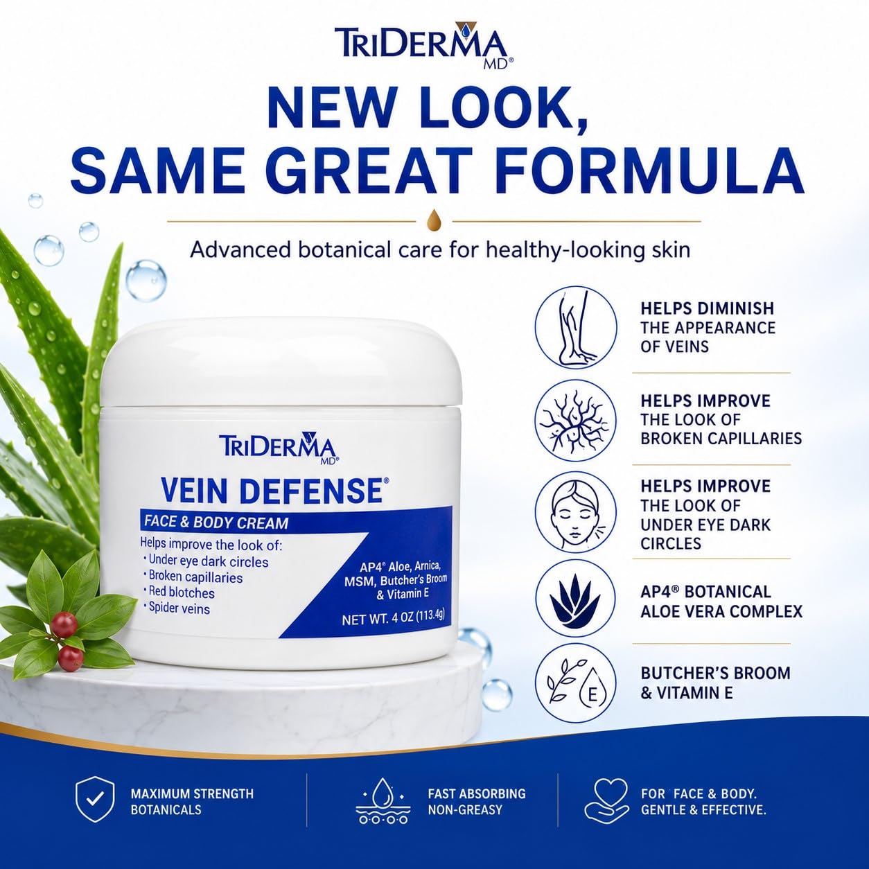 TriDerma Vein Defense Healthy Cream, Helps Improve the look of Spider Veins, Broken Capillaries, Red Blotches and Under Eye Dark Circles 4 oz