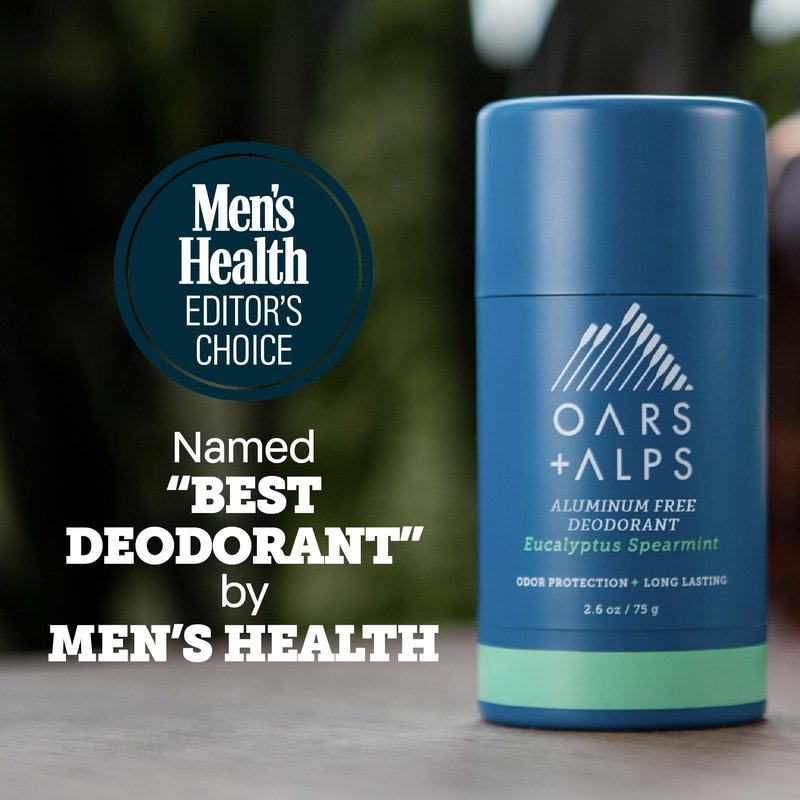 Oars + Alps Aluminum Free Deodorant for Men | Long Lasting Odor Protection, Clear & Free of White Residue, Anti-Chafing Smooth Glide, Dermatologist Tested, Eucalyptus Spearmint, 2pk, 2.6oz