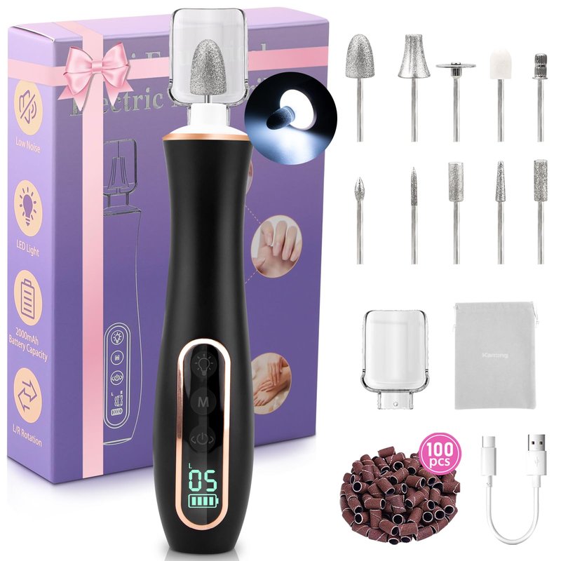 Professional Manicure Pedicure Kit, Cordless Electric Nail File Set, 360° LED Light Nail Drill Machine with LCD Display, 10 Speeds Rechargeable Nail Drill Grinder for Gel Nail Thick Toe Nails