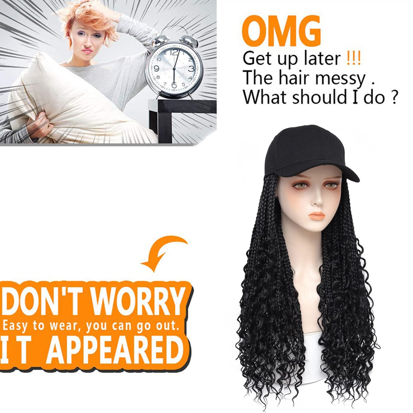GUOJIAN Goddess Box Braiding Baseball Cap Wig, Black Bohemian Curly Ends Box Braids Hat with Braided Hair Extensions for Black White Women, Synthetic Braids Hat Wig with Hair Attached