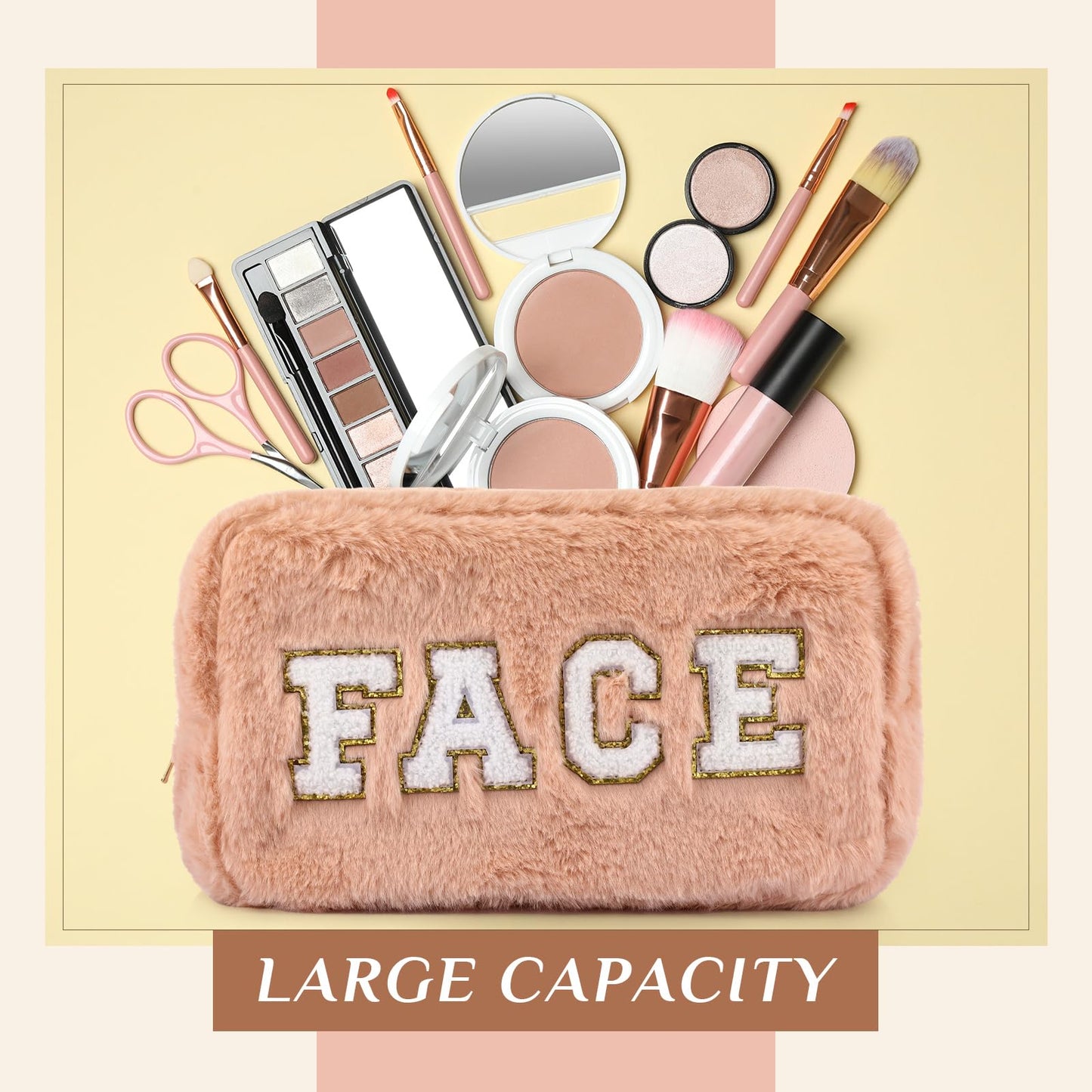 Paterr 4 Pieces Preppy Makeup Bag Chenille Letter Faux Fur Fluffy Bag Preppy Stuff Face Skin Hair Stuff Cute Toiletry Cosmetic Travel Bags Pouch with Zipper for Girls Women(Pink Brown)