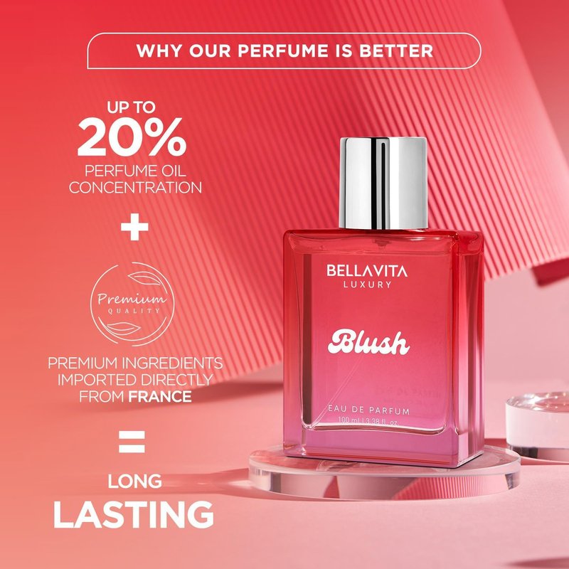 Bellavita Luxury Blush Eau de Parfum | 100 ml (3.4 fl.oz.) | Perfume for Women | Sweet, Tropical Red Fruits, Musk, and Sandalwood Notes | Long Lasting Fragrance | Mother's day Present