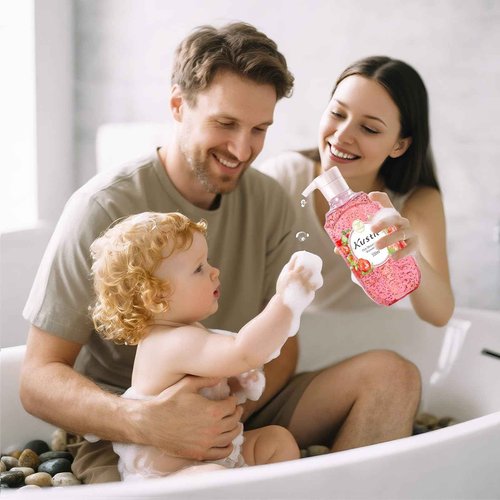 Kustie Strawberry Body Wash with Real Fruit Seeds – Gentle Exfoliating & Hydrating Shower Gel for Dry, Rough & Blemish-Prone Skin, Fruity Milk Perfume Scent, Natural Extracts, 16.9 fl oz