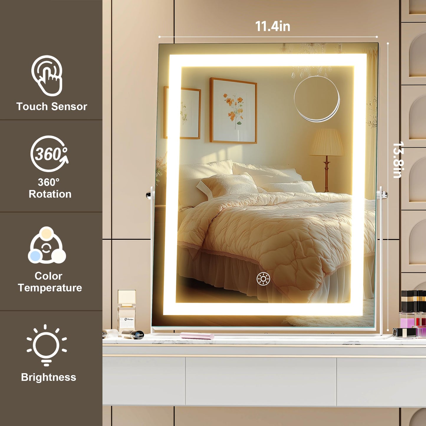Hasipu Vanity Mirror with Lights, 11.4" x 13.8" LED Makeup Mirror, 3 Color Modes Touch Control and Brightness Adjustment Lighting Mirror, 10X Magnifying Glass, 360° Rotation