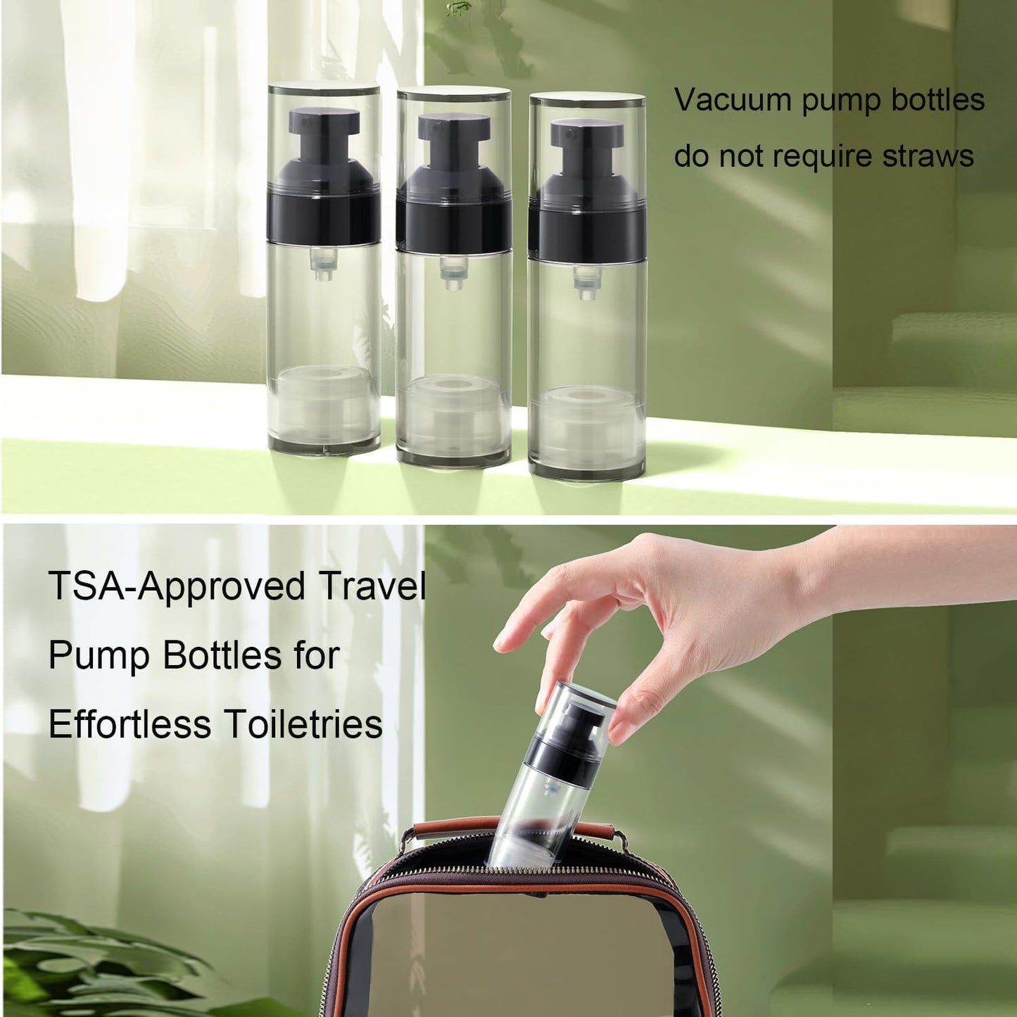 Airless Pump Bottles - 5 Pack 1oz Travel Lotion Dispenser | Leakproof Refillable Containers with Clear Organizer Case
