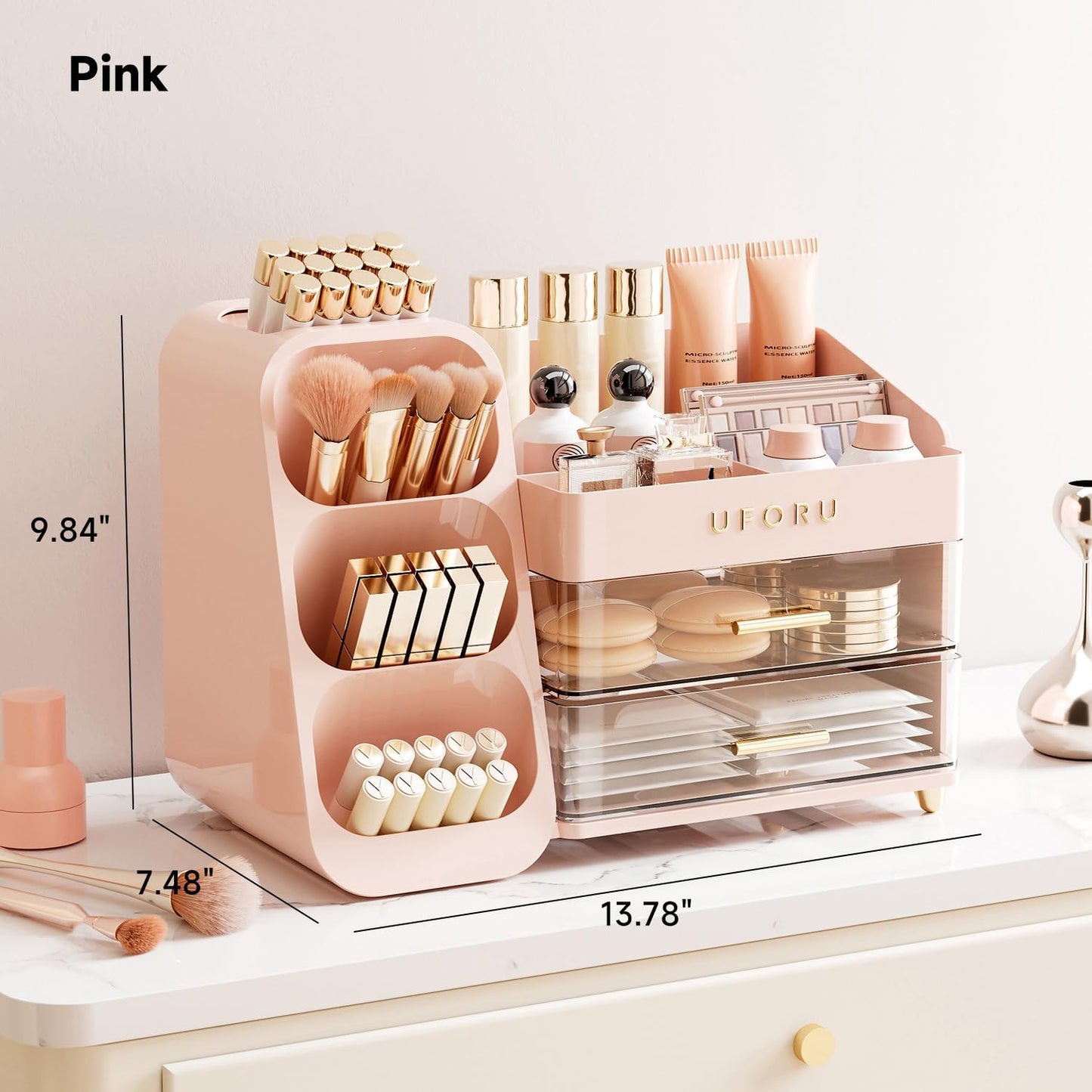 Makeup Organizer for Vanity - Large Capacity Skincare & Cosmetic Display Case with 2 Drawers | Brush Holder & Perfume Storage