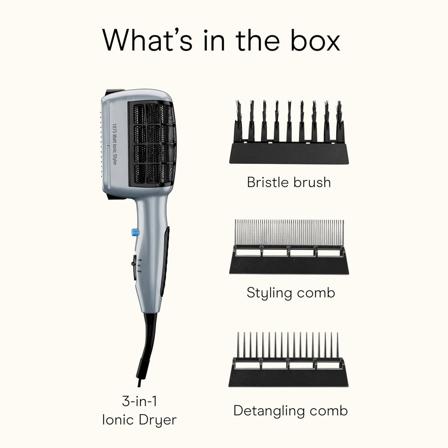 Conair 3-in-1 Hair Dryer - 1875W Ionic Blow Dryer with Styling Attachments | Detangle, Straighten & Volumize