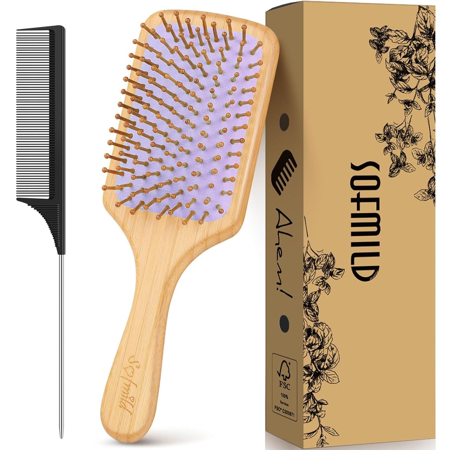 Hair Brush-Natural Wooden Bamboo Brush and Detangle Tail Comb, Paddle Hairbrush for Women Men and Kids Make Thin Long Curly Hair Health and Massage Scalp