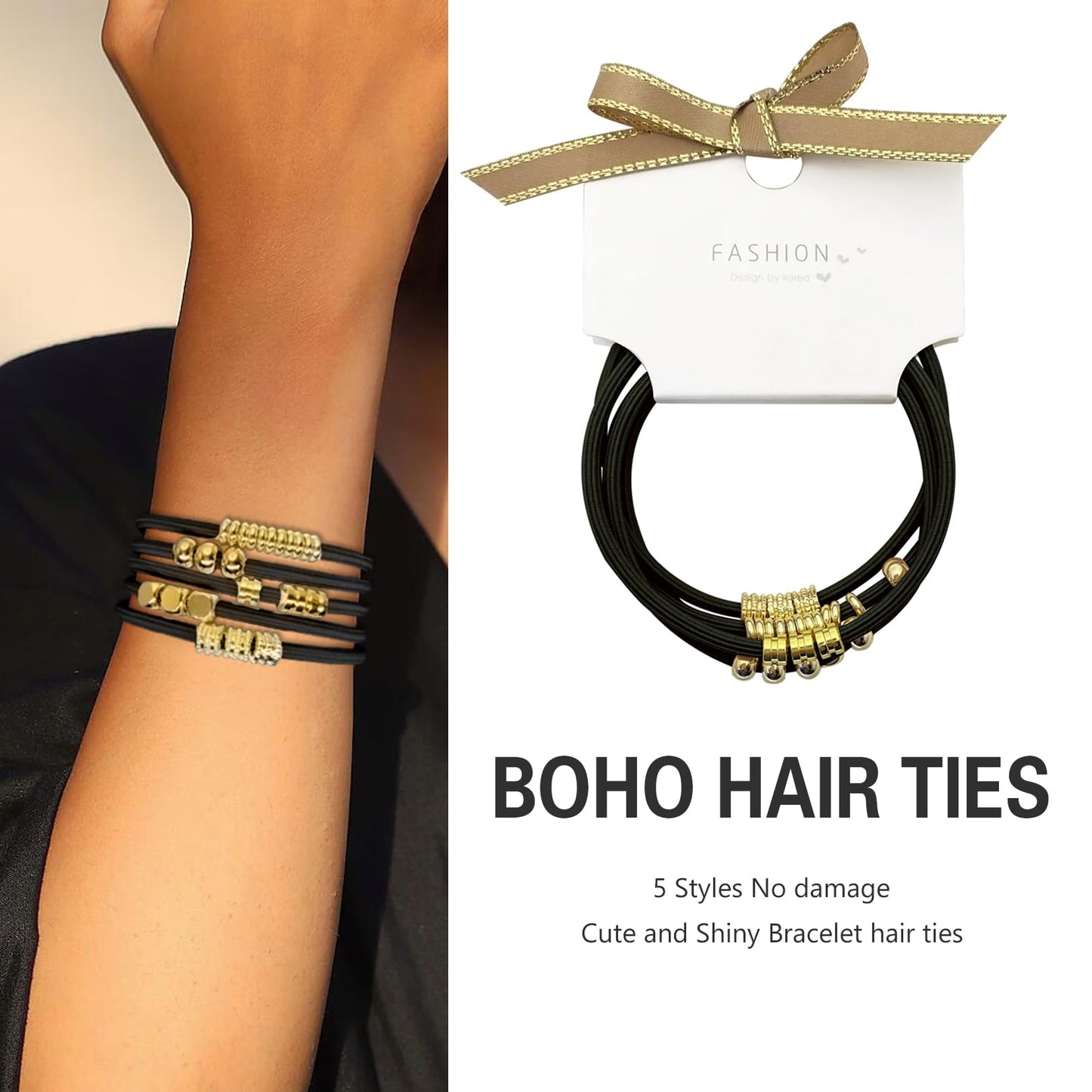 Black Boho Hair Ties Bracelets for Women, Cute Elastic Pony Tails Hair Ties No Damage Beaded Hair Accessories for Girls Decorative Hair Tie Bracelet with Bead Hair Bands with Gold Jewelry for Gifts