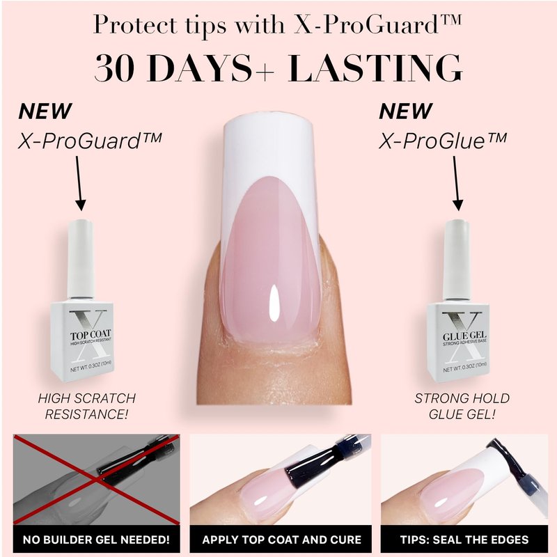 French Tip Press On Nails - Pink Extra Short Square | 150 Pieces in 15 Sizes with Pre-Applied Primer and Base Coat
