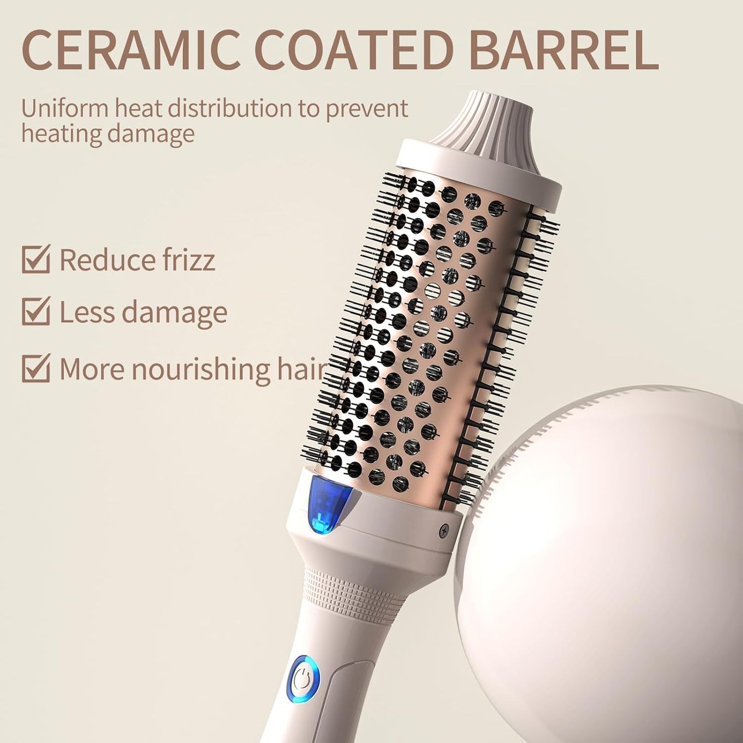 Heated Curling Iron - 1.77 Inch Volumizing Brush with Ceramic Tourmaline | Travel-Friendly Design in Pale Pink
