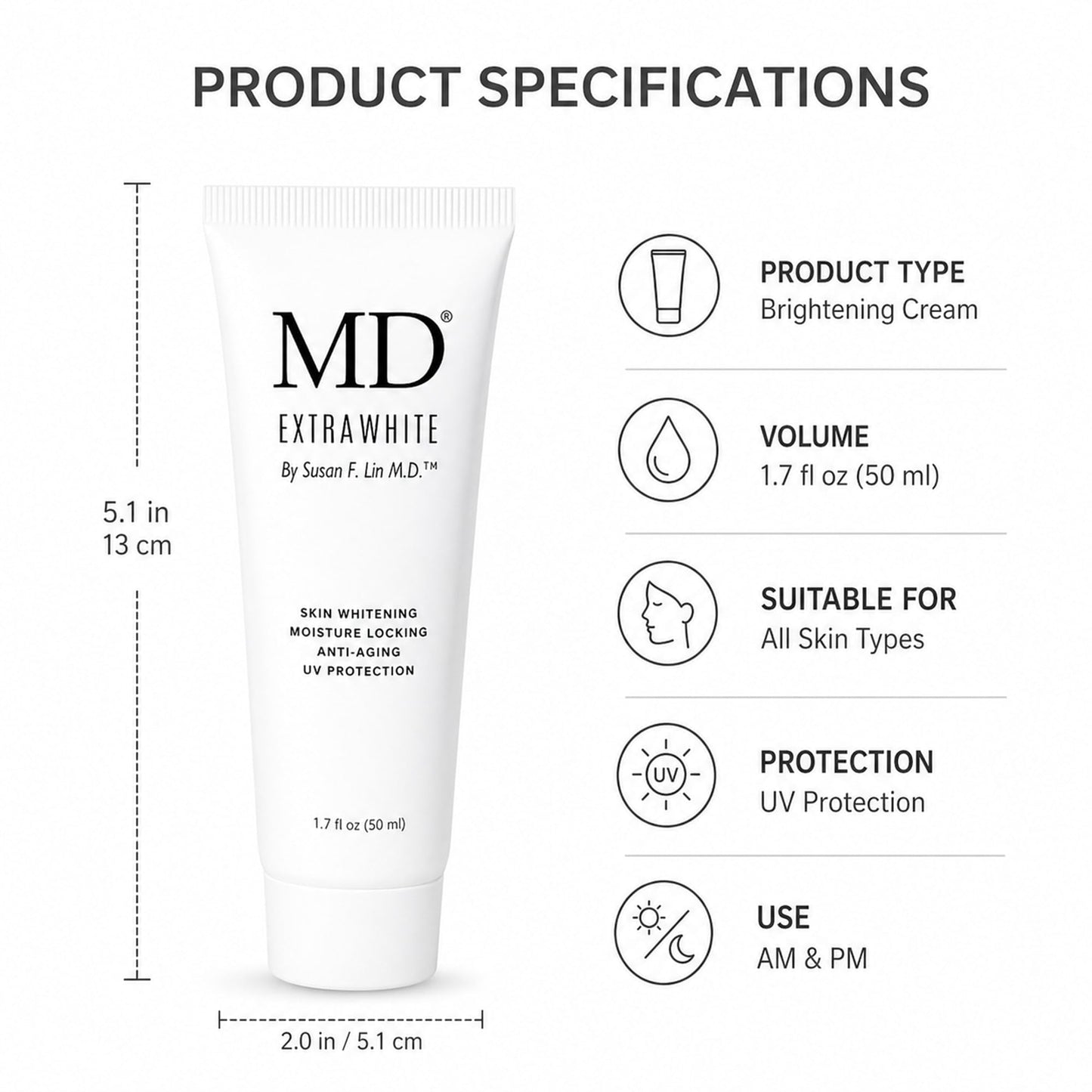 MD Extra White Skin Brightening Cream, Anti-Aging Moisturizer with UV Protection, 1.7 fl oz