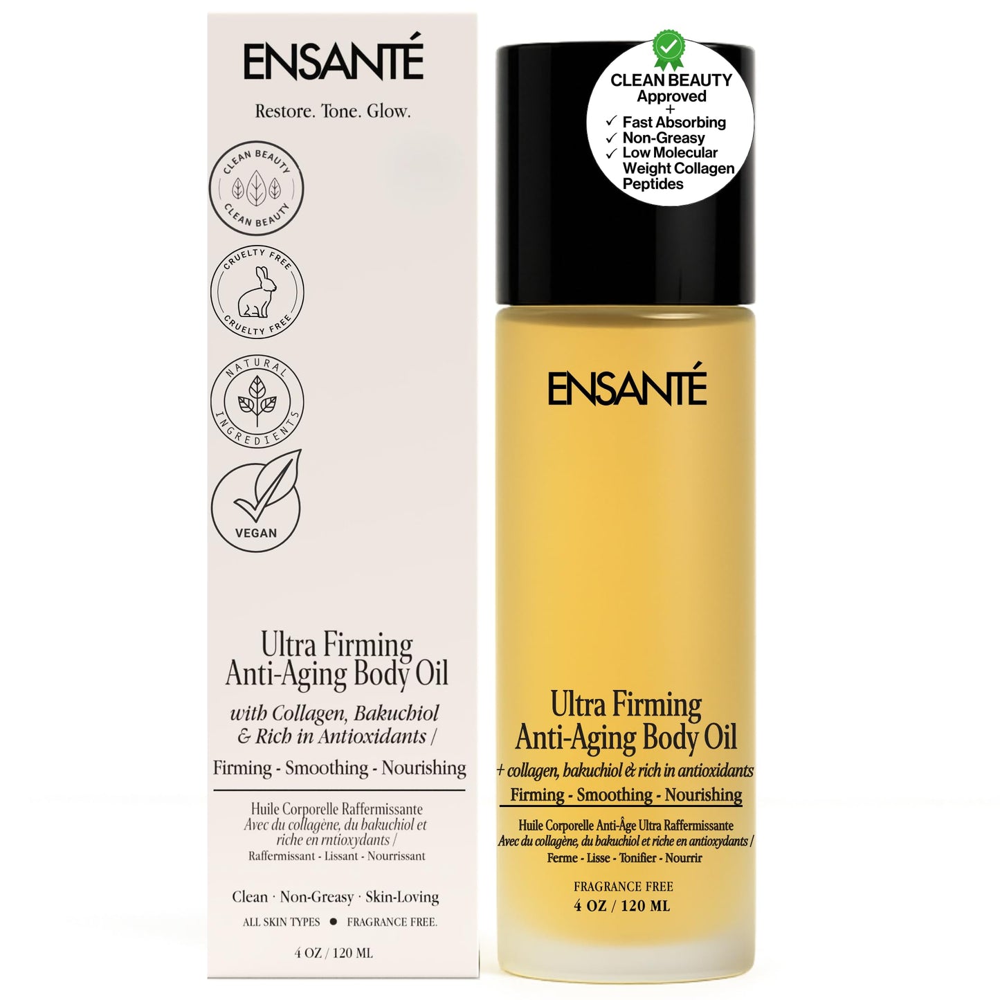 ENSANTÉ Body Firming Oil with Collagen Peptides, Cellulite Massage Oil, Body Glow Oil, Firming Body Oil for Women, Unscented Body Oil for Skin Tightening & Smoothing, Fast Absorbing, Non Greasy
