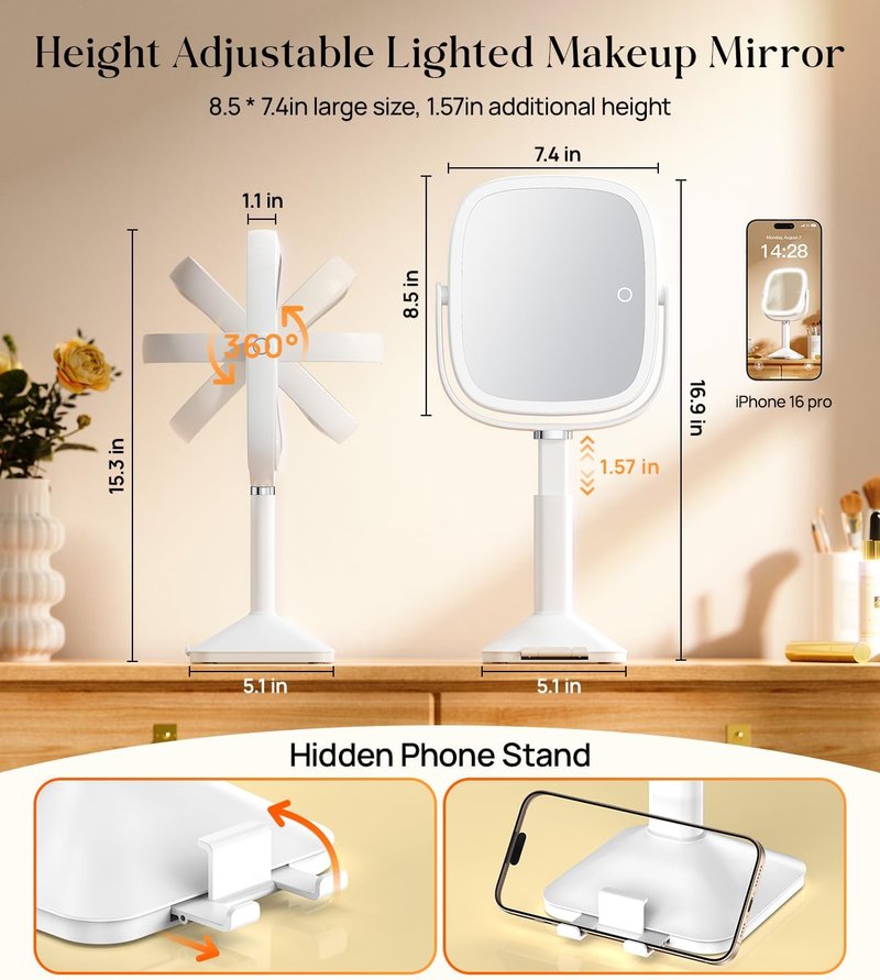 Lighted Magnifying Makeup Mirror - Adjustable Height, 1X/10X Magnification, 4000mAh Battery | 3 Color Modes, Hidden Phone Stand - White