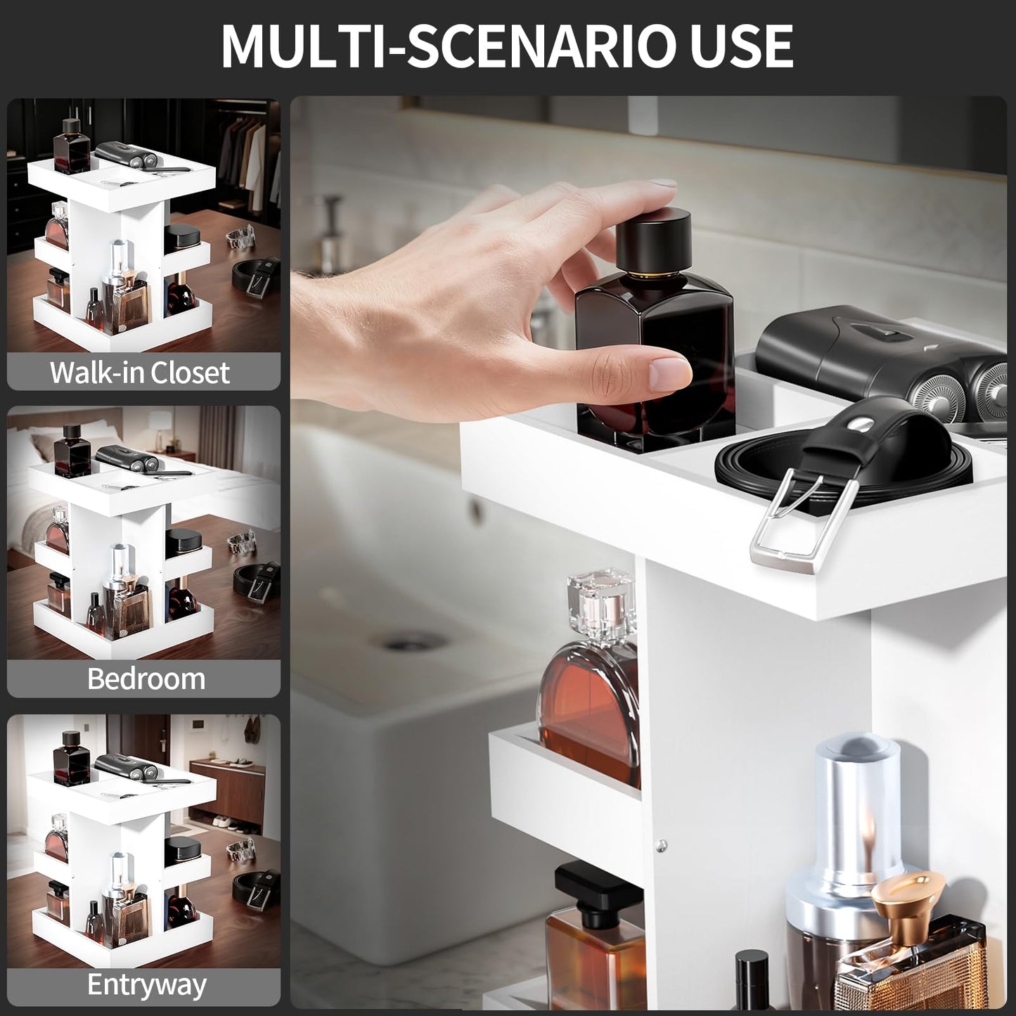 Cologne Organizer for Men - 3-Tier Large Capacity Wood 360° Rotating Cologne Stand,Desk/Nightstand/Bathroom Counter Perfume Storage,Birthday for Men (White)