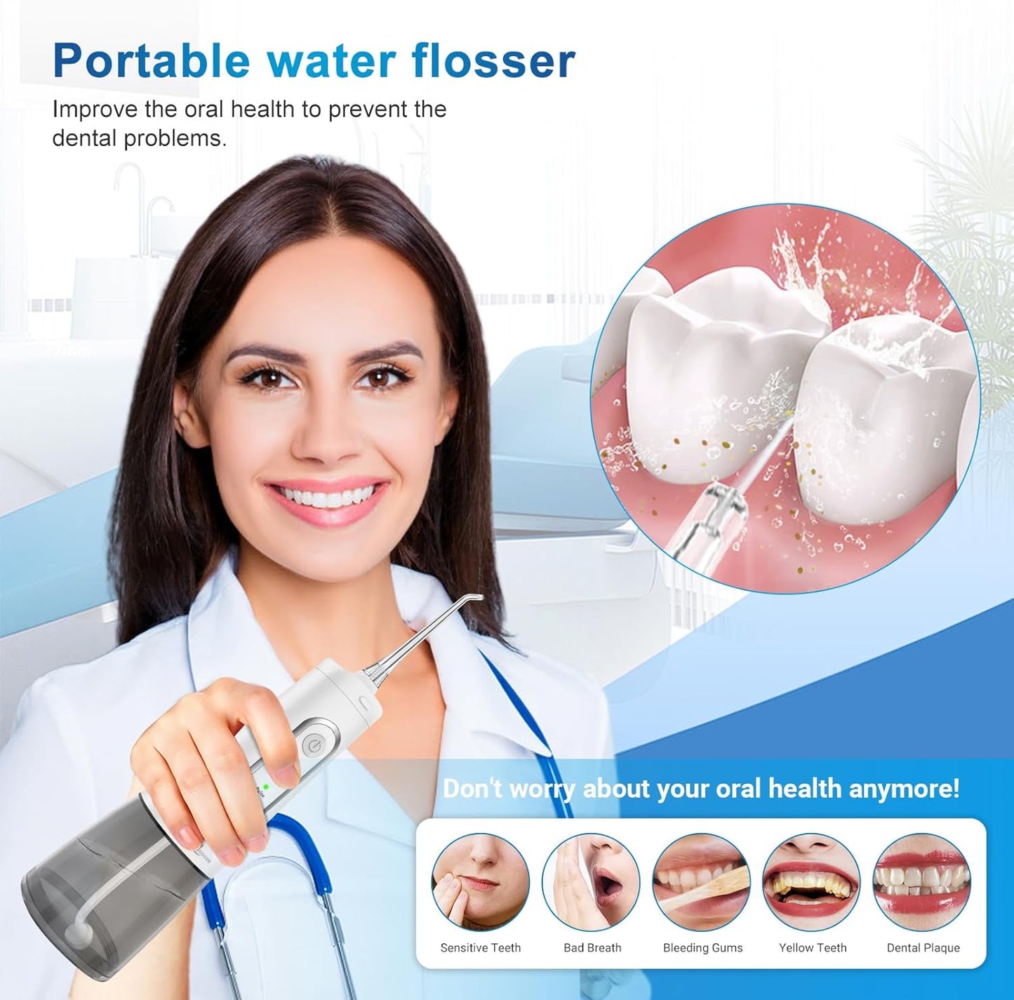 Cordless Water Dental Flosser - Rechargeable Oral Irrigator with 4 Modes & 300ml Reservoir | IPX7 Waterproof, Portable (White)