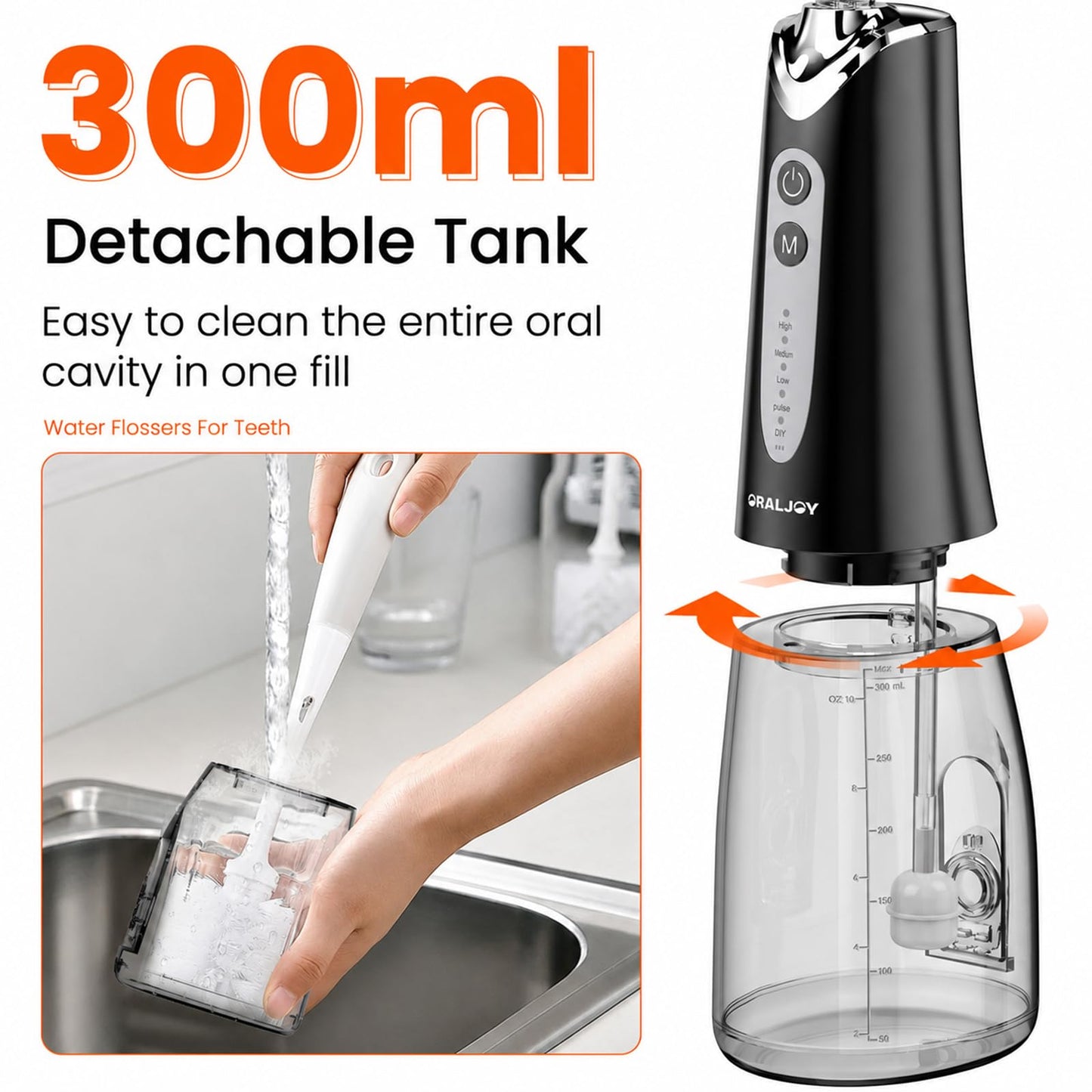 Water Dental Flosser Pick for Teeth - 300ML Portable Cordless Oral Irrigator, Rechargeable Irrigation Cleaner Professional Electric Flossing Machine for Teeth Cleaning Power Flosser Travel (Black)