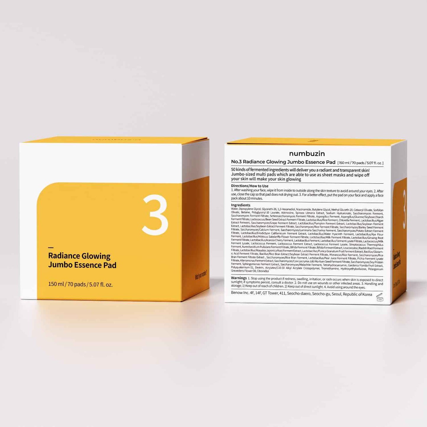 numbuzin No.3 Toner Pads | Radiance Glowing Jumbo Essence Pad | Clear Glass Skin, Texture Care | Biodegradable Vegan, Fermented Ingredients, Niacinamide | 70 Pads/5.07 fl. oz.