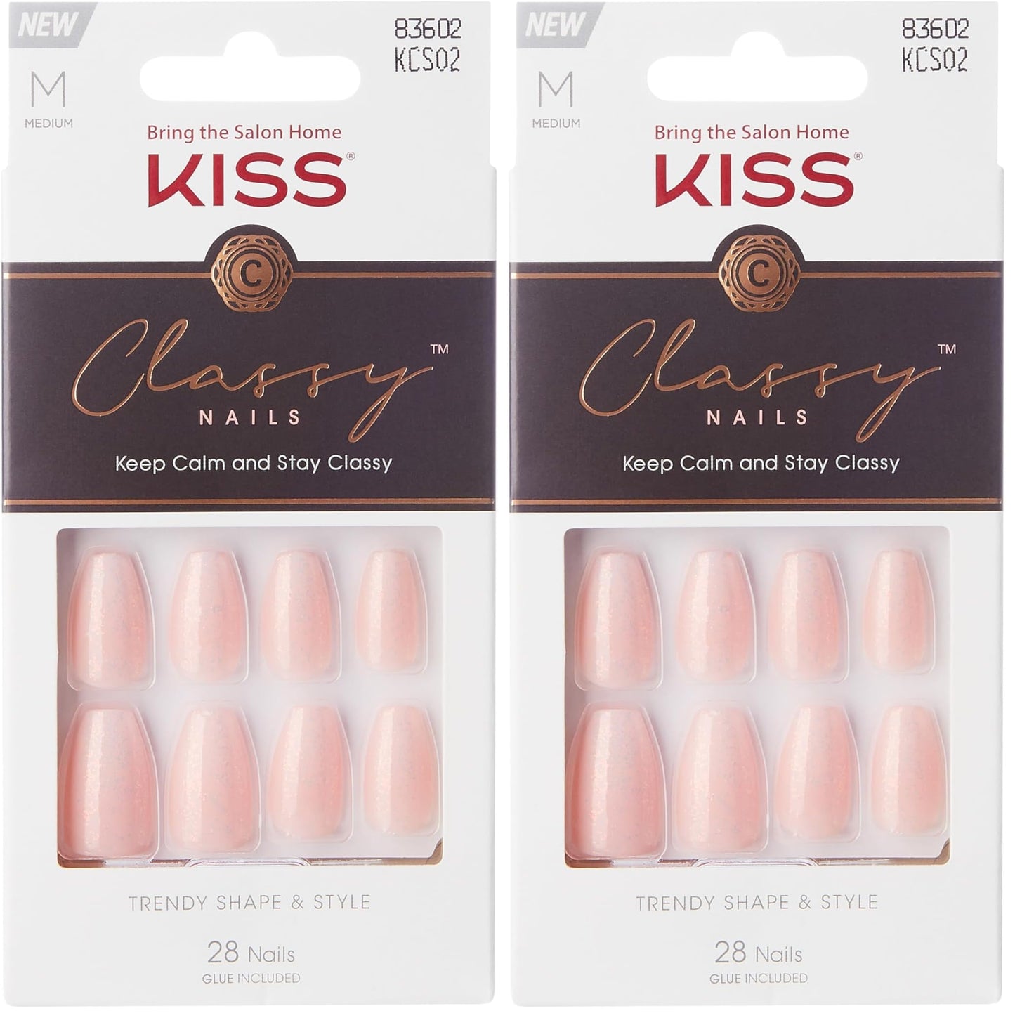 KISS Classy French Nail Manicure Kit with Gel Finish,Medium, Coffin Shaped, Includes Pink Nail Glue (Net Wt. 2 g / 0.07oz.), Mini Nail File,Manicure Stick,and 28 Fake Nails,Cozy Meets Cute', 28 Count