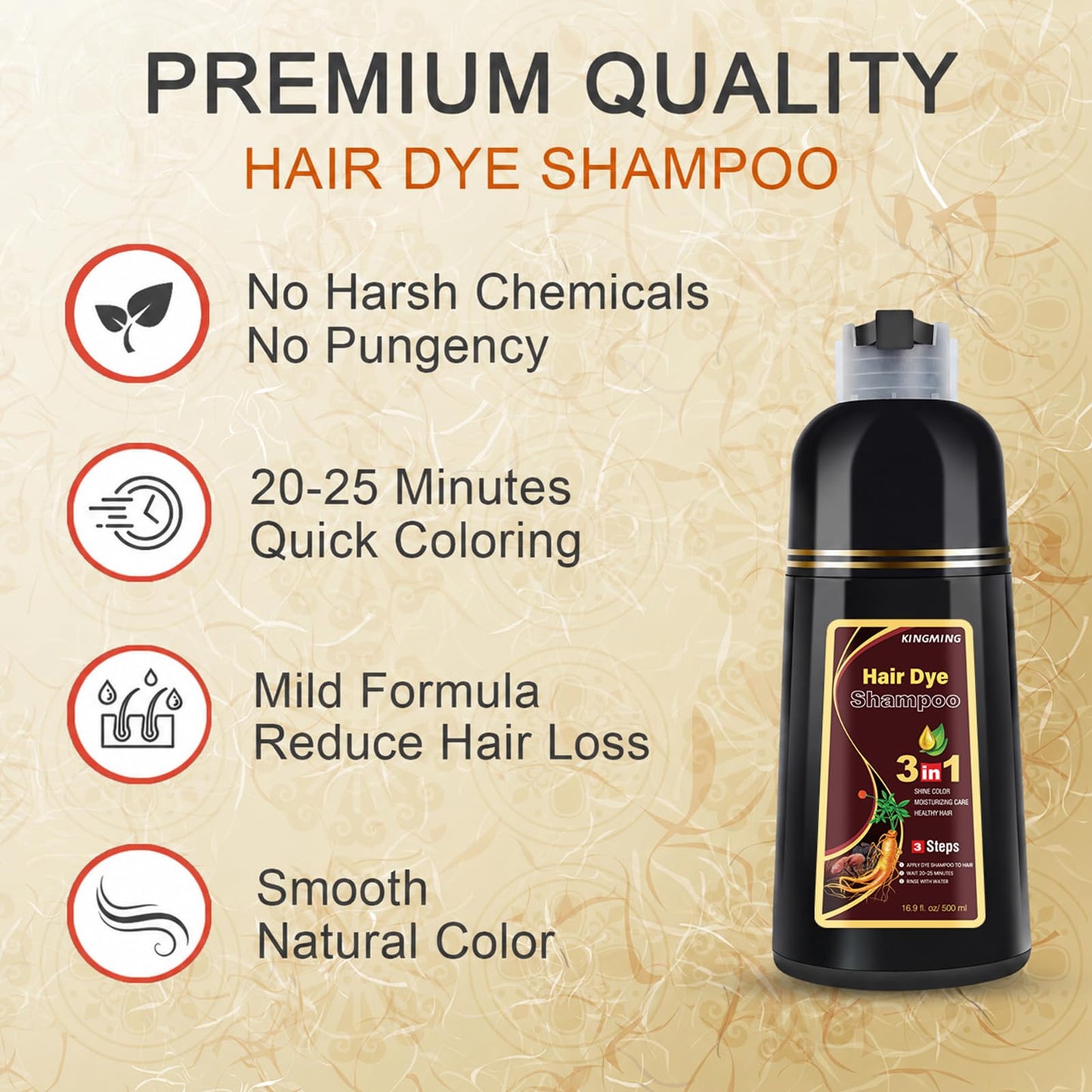 KINGMING Dark Brown Herbal Instant Color Shampoo for Gray Hair Coverage for Women & Men - 3 in 1 Champu Con Tinte Para Canas 500ml