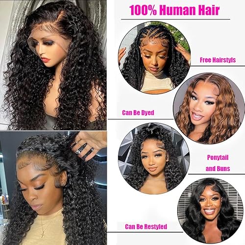 JTMMP 13x6 Deep Wave Lace Front Wigs Human Hair 200% Density 26 Inch Curly Human Hair Wig for Women Natural Black HD Transparent Lace Glueless Frontal Wigs Human Hair Pre Plucked