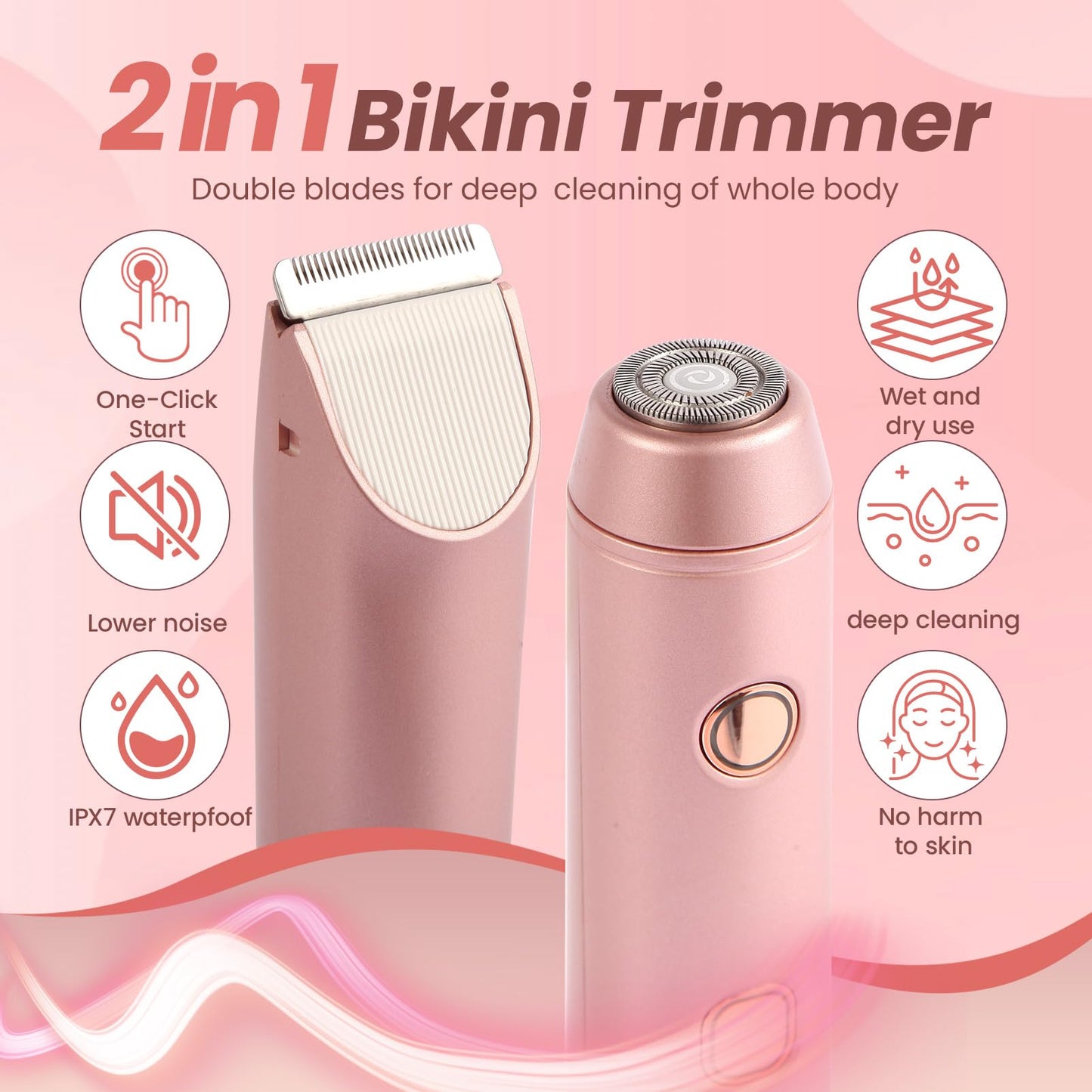 Bikini Trimmer for Women 2-in-1 Electric Razors for Pubic Hair Painless Wet & Dry Use Dual Head Electric Shaver for Women Support 60 Minutes Runtime for Facial Hair Removal & Body & Intimate Areas