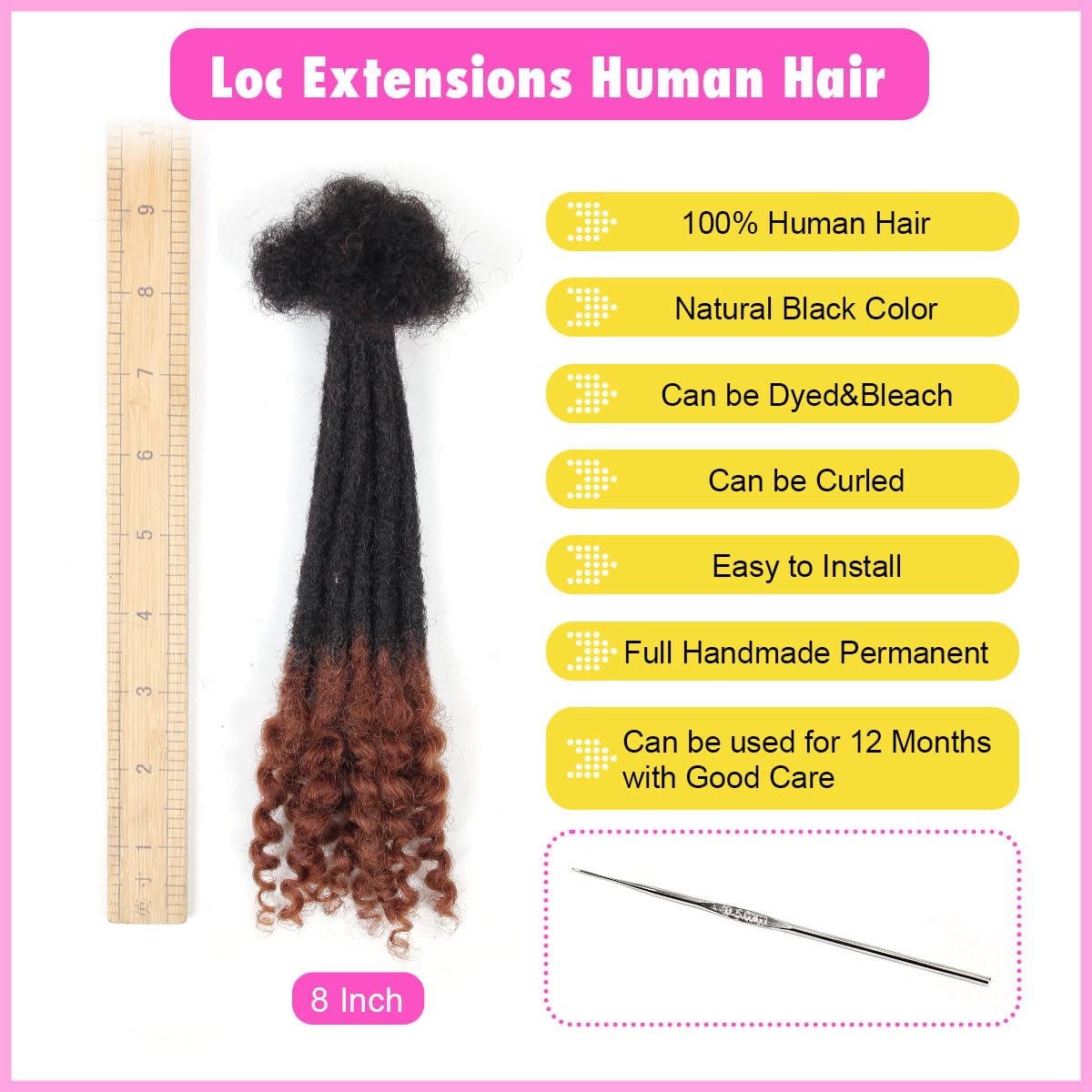 8 inch Loc Extensions Human Hair with Curly Ends, 0.4cm Width Permanent Dreadlock Extension Human Hair 20 Strands Natural 1B30 100% Full Handmade Dreads .Dyed and Bleached Pre Curled Drealocks