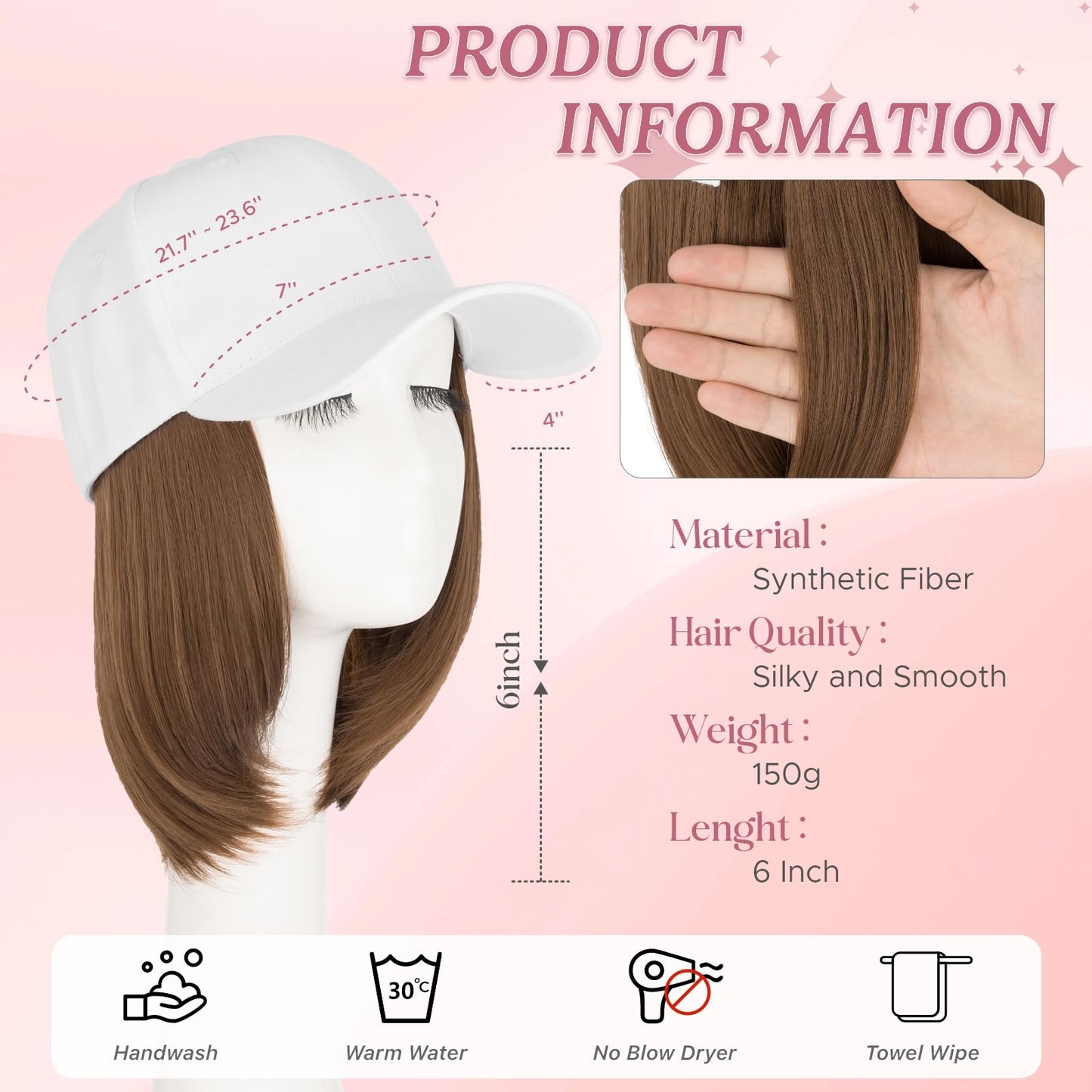 SEGOHAIR Hat Wig for Women Baseball Cap with Hair Extensions 6 Inch Synthetic Straight Hair Adjustable Wig Hat with Attached Hair for Daily Wear,（10, Light Brown）