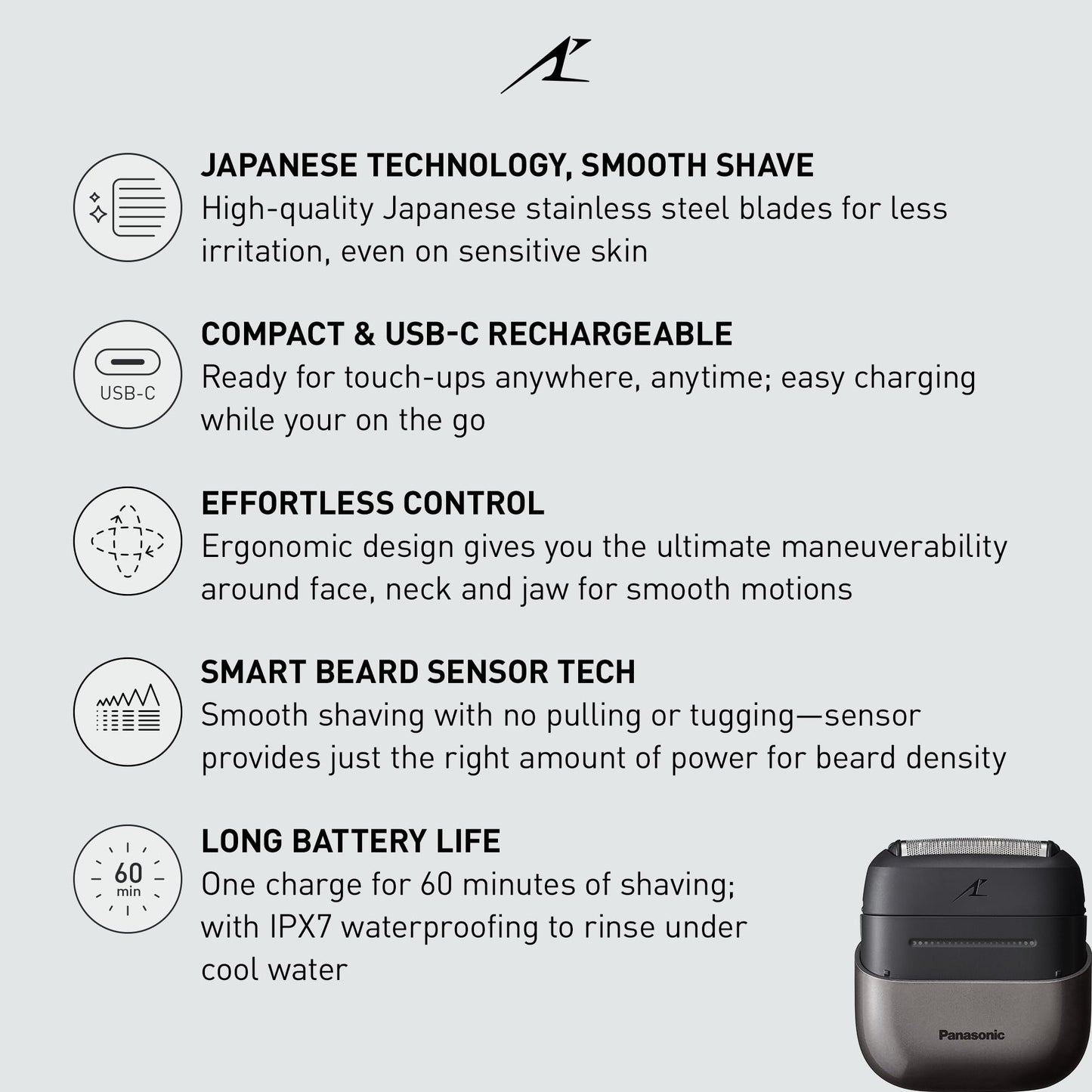 Panasonic Swipe Right Travel Shaver for Men, Portable Electric Razor for Men with USB-C Charging, 3-Blade Cutting System and Beard Sensor Technology, Wet/Dry Use, ES-CM3A-K