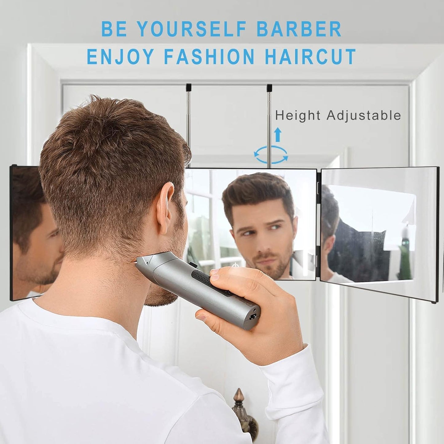Kirli 3 Way Mirror for Self Hair Cutting – 360° with LED Lighting, Portable Trifold Mirror to See Back of Head, Adjustable Hooks, Ideal for Men & Women Styling (Black - with Led)