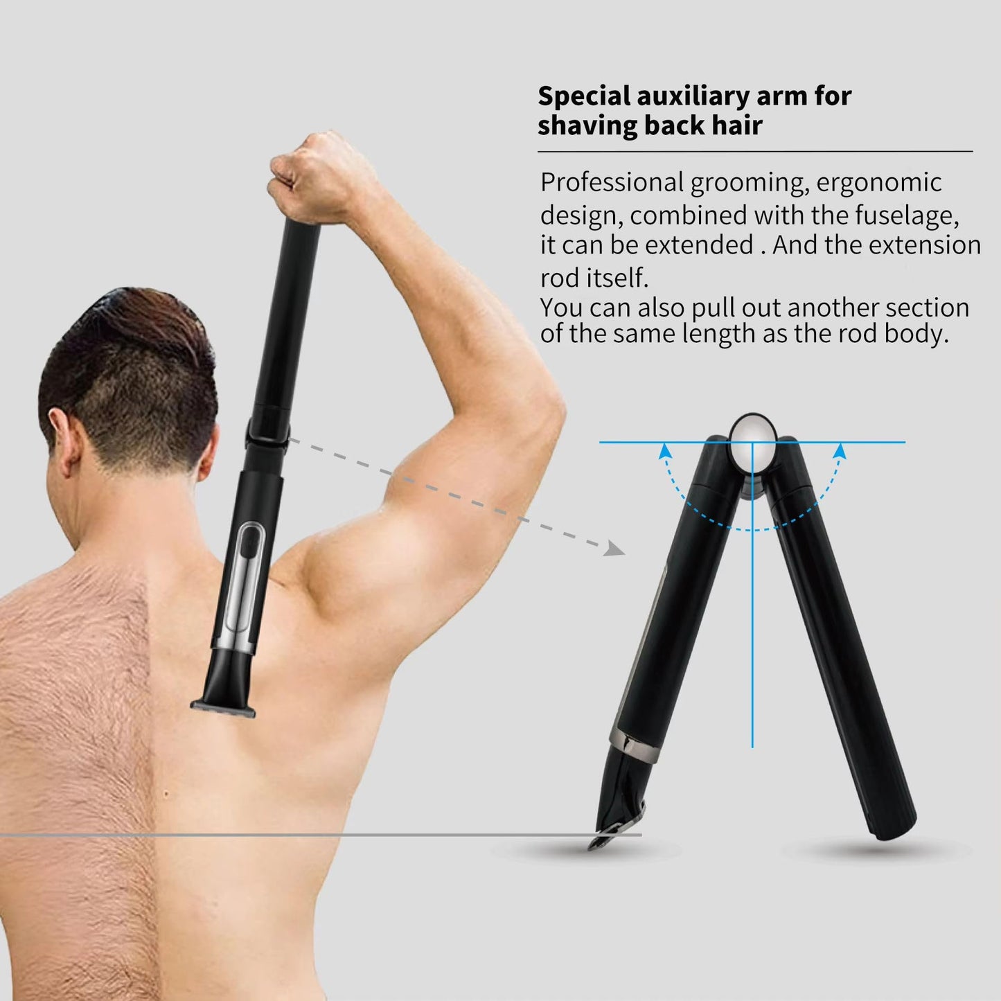 DoCatop Back Shaver for Men, 5-in-1 Electric Back Hair Removal Razor with Adjustable Extension Handle, Body Hair Trimmer Grooming Kit for Wet or Dry Shaving