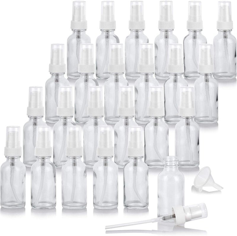 JUVITUS Clear Glass Boston Round Bottles - 1 oz with White Treatment Pump | 24 Pack + Funnel