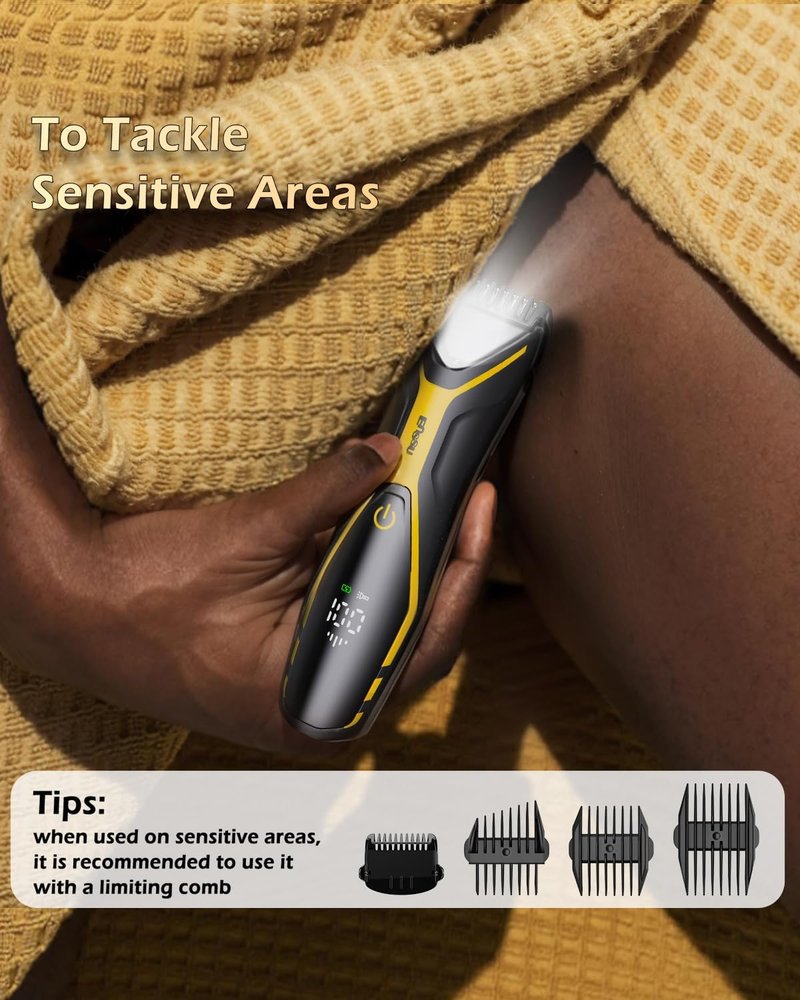 Electric Body Hair Trimmer for Men - Type-C Rechargeable Groin Groomer with LED Light | Fast Charge, Black & Yellow