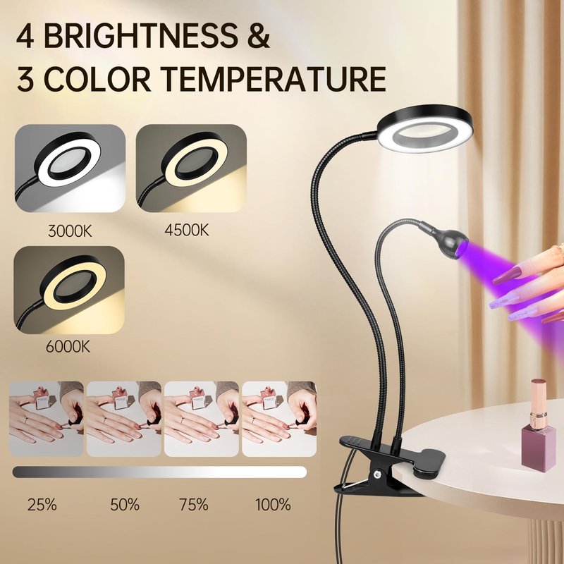AORAEM LED UV Nail Lamp: Double-Headed Gooseneck UV Lamp for Gel Nails, LED Flash Cure Light with 6X Magnifier Home DIY Salon, Black