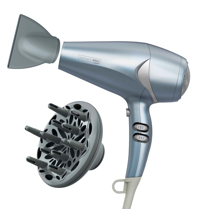 Infiniti PRO CONAIR Hair Dryer with Diffuser and Concentrator, 1875W Style & Shine Blow Dryer with Tourmaline and Ionic Conditioning to Fight Frizz, 3 Heat & 2 Speed Settings, Blue