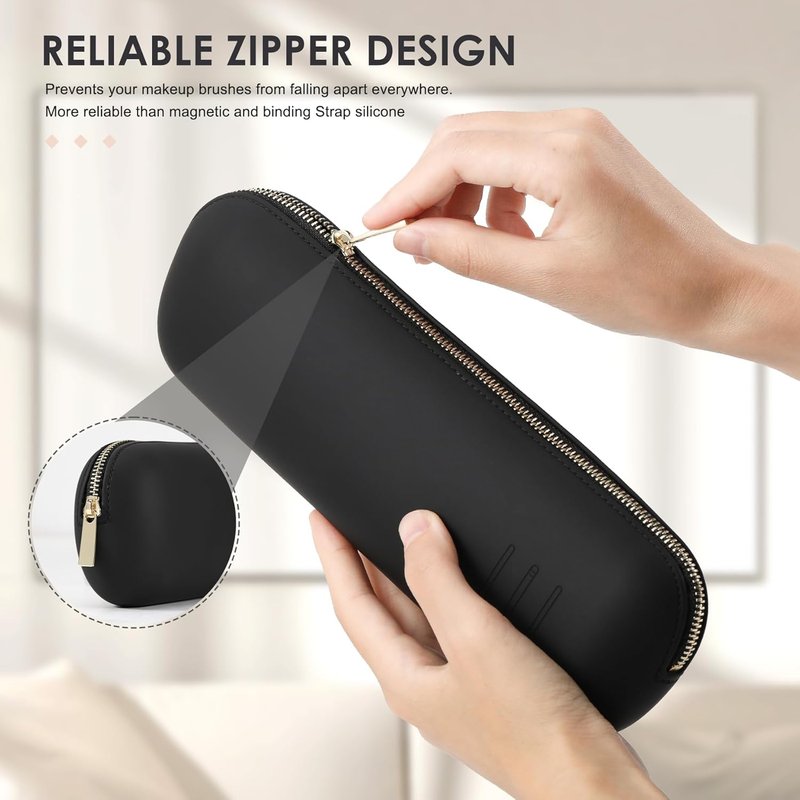 Travel Makeup Brush Holder - Magnetic Anti-Fall Silicone Organizer for Cosmetics | Portable & Sleek Design - Khaki (Black)