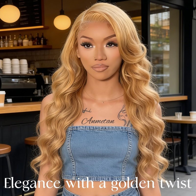 ANMETAN #27 Honey Blonde Bundle Human Hair Body Wave, 13A Color 27 Human Hair 1 Bundle Deal Silky and Soft 100% Unprocessed Brazilian Virgin Hair Extensions Blonde Double Weft for Black Women 14 Inch