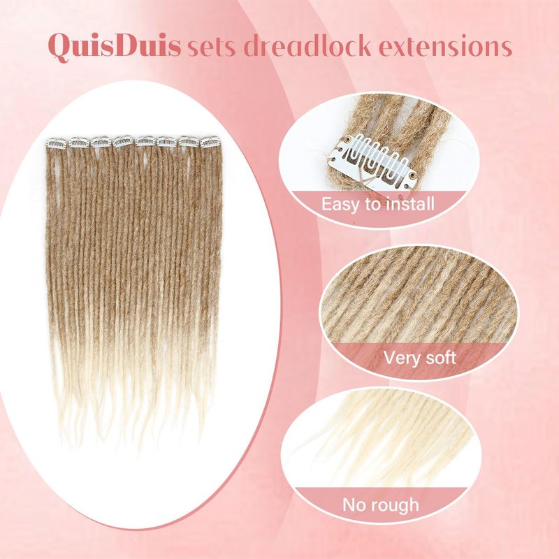 Quisduis 16 Inch Clip in Dreadlocks Hair Extensions, 8PCS 32 Strands Light Brown to Blonde Synthetic Dreas Extensions Handmade Soft Thin Dreadlocks for Women