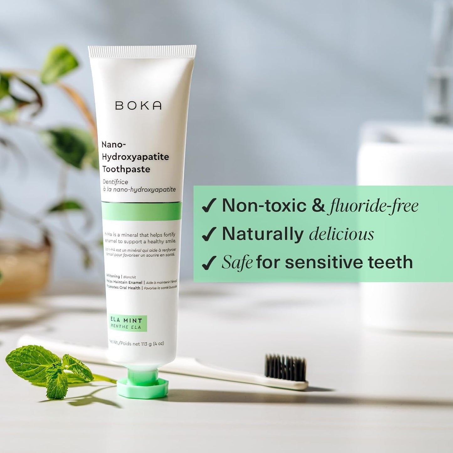 Fluoride Free Toothpaste - Nano Hydroxyapatite Mint 4oz | Classic Manual Toothbrush & Tongue Scraper Set for Adults & Kids