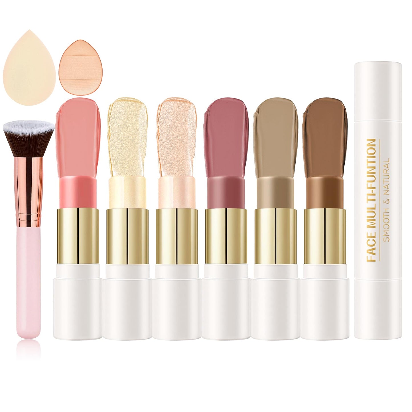 6 Pcs Cream Contour Stick Makeup Kit, Shades with Highlighter, Bronzer and Blush Sticks for Sculpt the Face All Skin Type, with Brush, Makeup Sponge, Buildable for Beginner Professional Set A