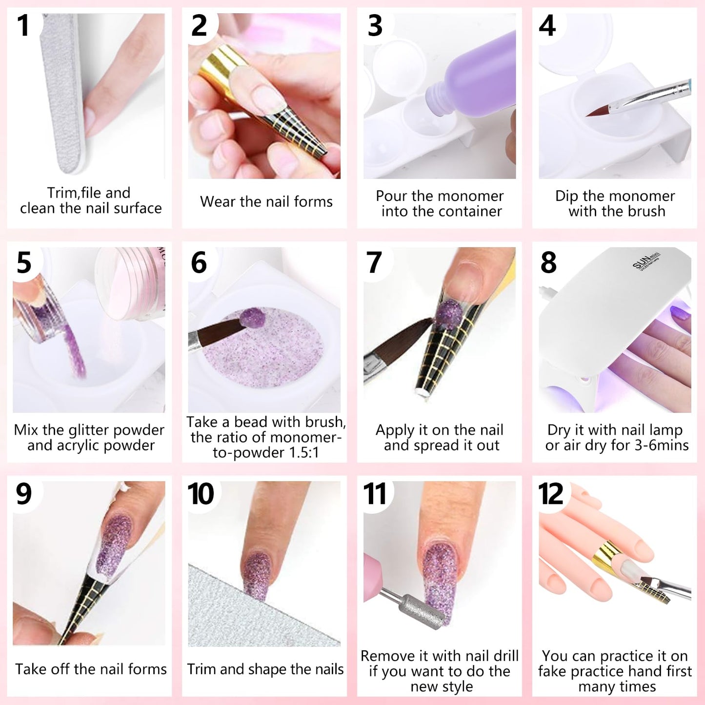 Professional Acrylic Nail Kit - Practice Hand Set with Powder, Brush, DIY Starter Kit for Beginners with tips, glue, and glitter