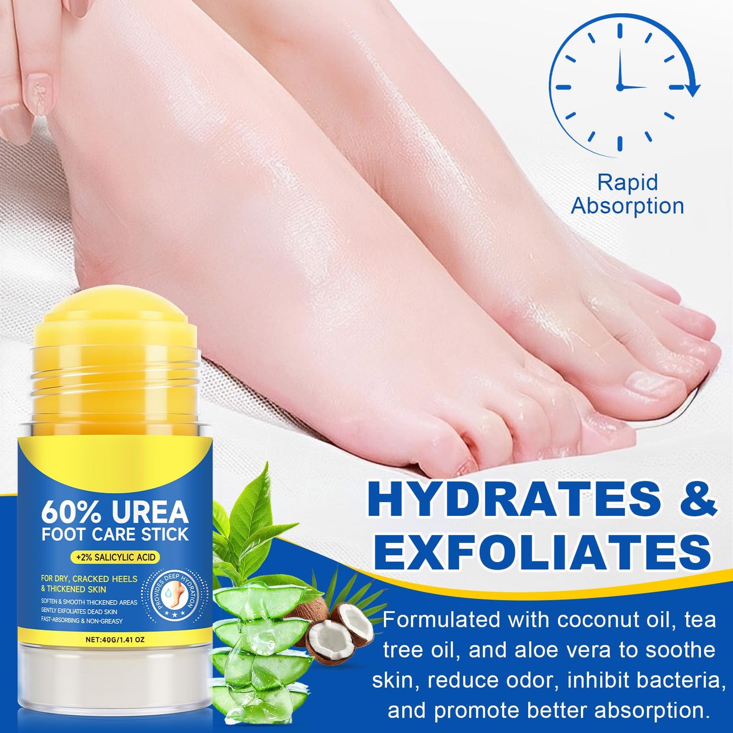 Bieyoc 60% Urea Cream with 2% Salicylic Acid, Urea Foot Cream Stick for Cracked Heels, Calluses and Rough Skin, Portable Foot Balm Stick No-Mess Applicator,1.41oz