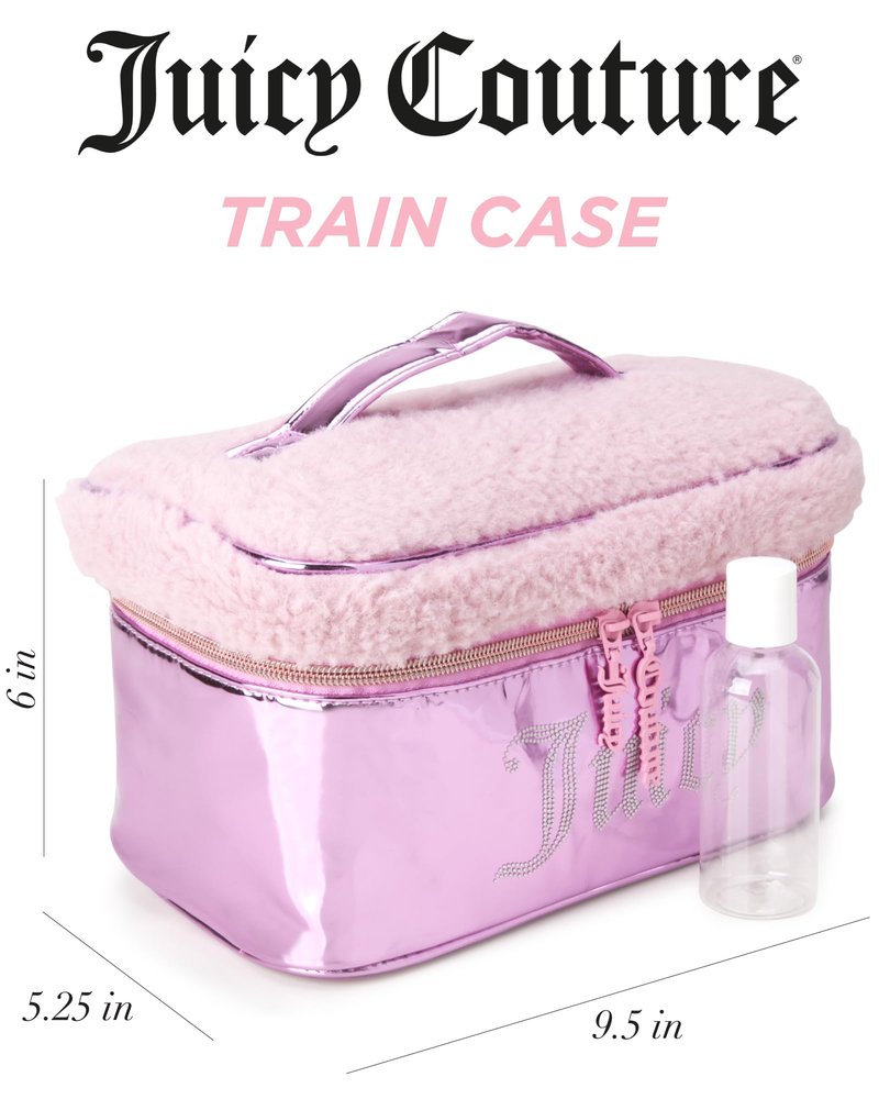 Juicy Couture Pink Makeup Bag Cosmetics Organizer Travel Essentials Train Case Shiny Rhinestones Faux Shearling