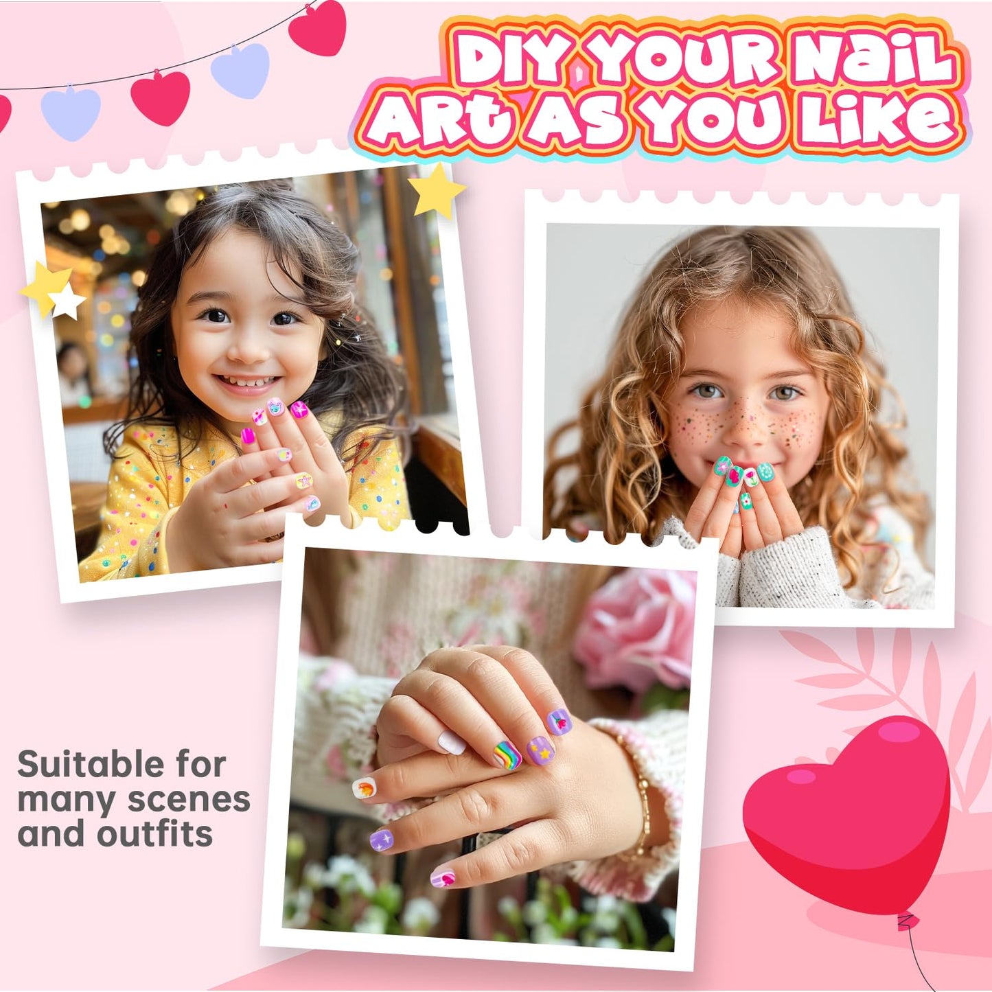 Kids Press-On Nails - 144 Pieces Full Cover Short Acrylic Nail Art Kits for Girls | Cute Patterns
